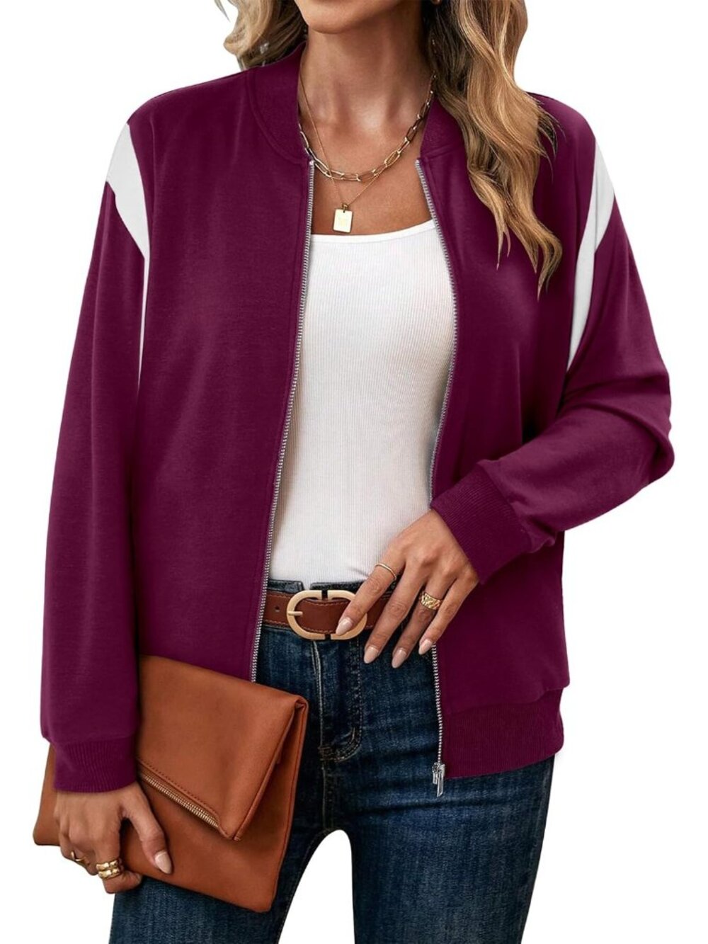 🆕 Women's Maroon White Color Block Bomber Jacket Zip Up Casual Lightweight Coat